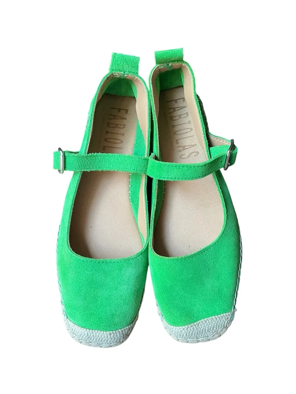 FABIOLAS Handmade In Spain Green Suede Mary Jane Espadrille Flats Size 38 US 7.5
